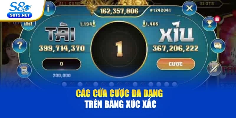 Các cửa cược đa dạng trên bảng xúc xắc